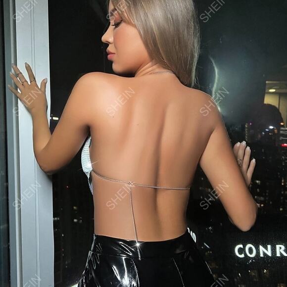 New SHEIN Backless Ruched Bandana Chain Metallic Halter Rhinestone Top SIZE S - Picture 2 of 5